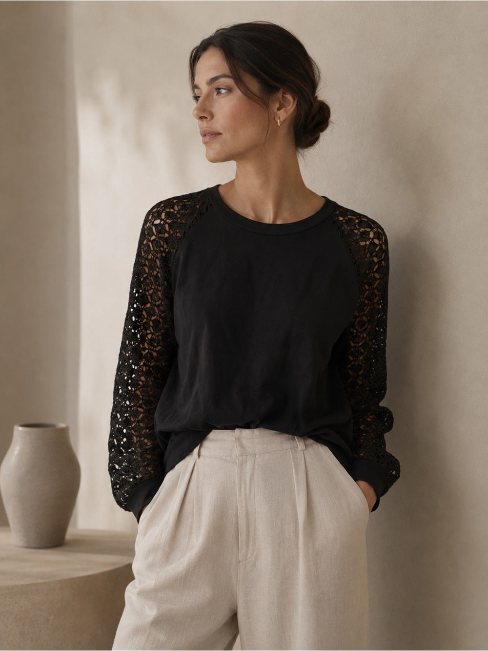 Stella + Dot Maette Black Lace-Sleeve Women's Top Medium